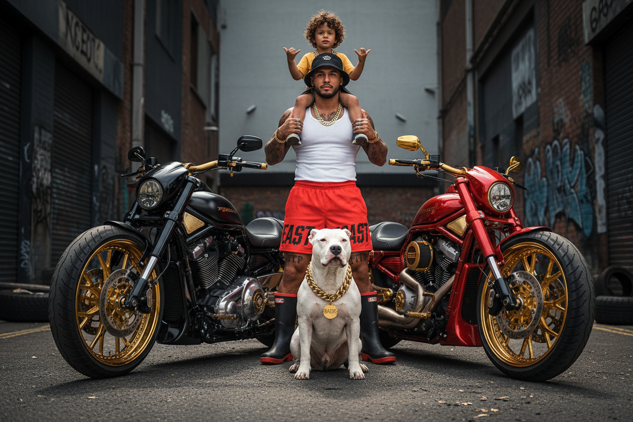 Street backdrop with black gumboots and pitbull